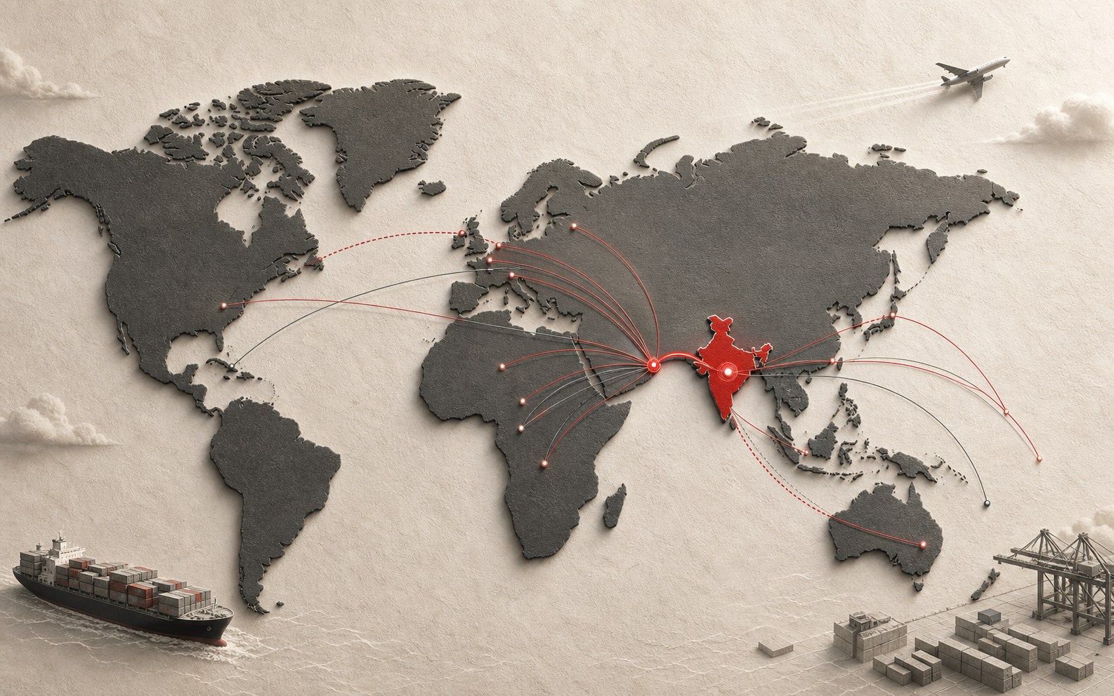 Map visualising Satyug trade connections between India, Dubai and international markets