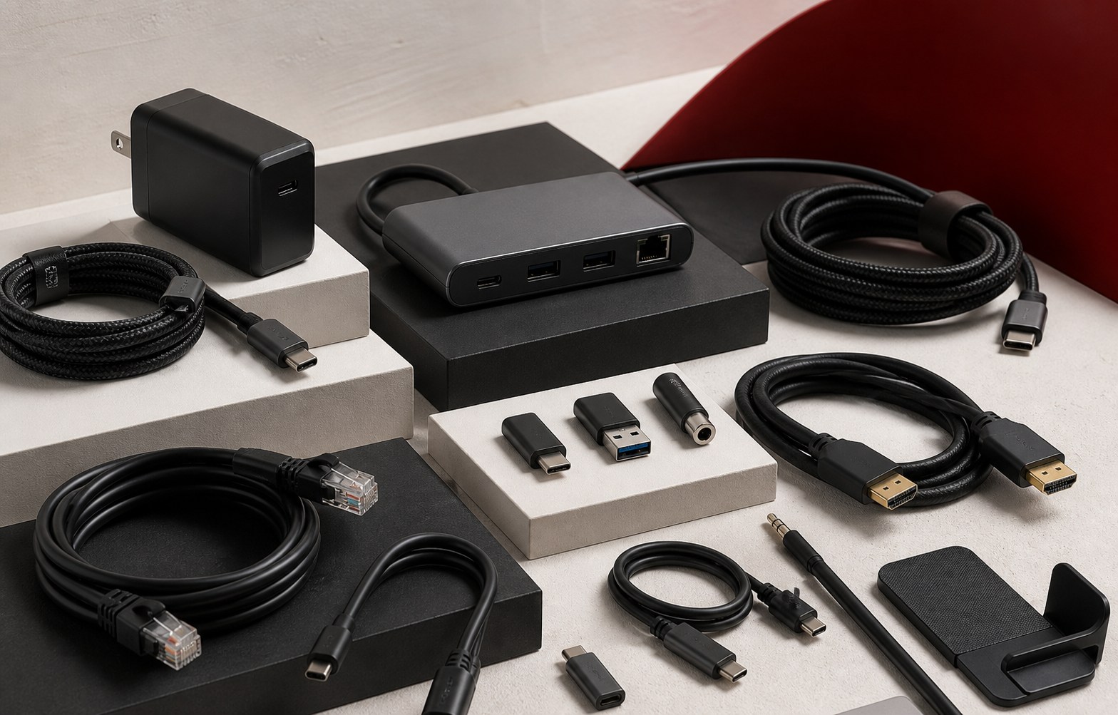 Organised professional connectivity cables, adapters and power accessories