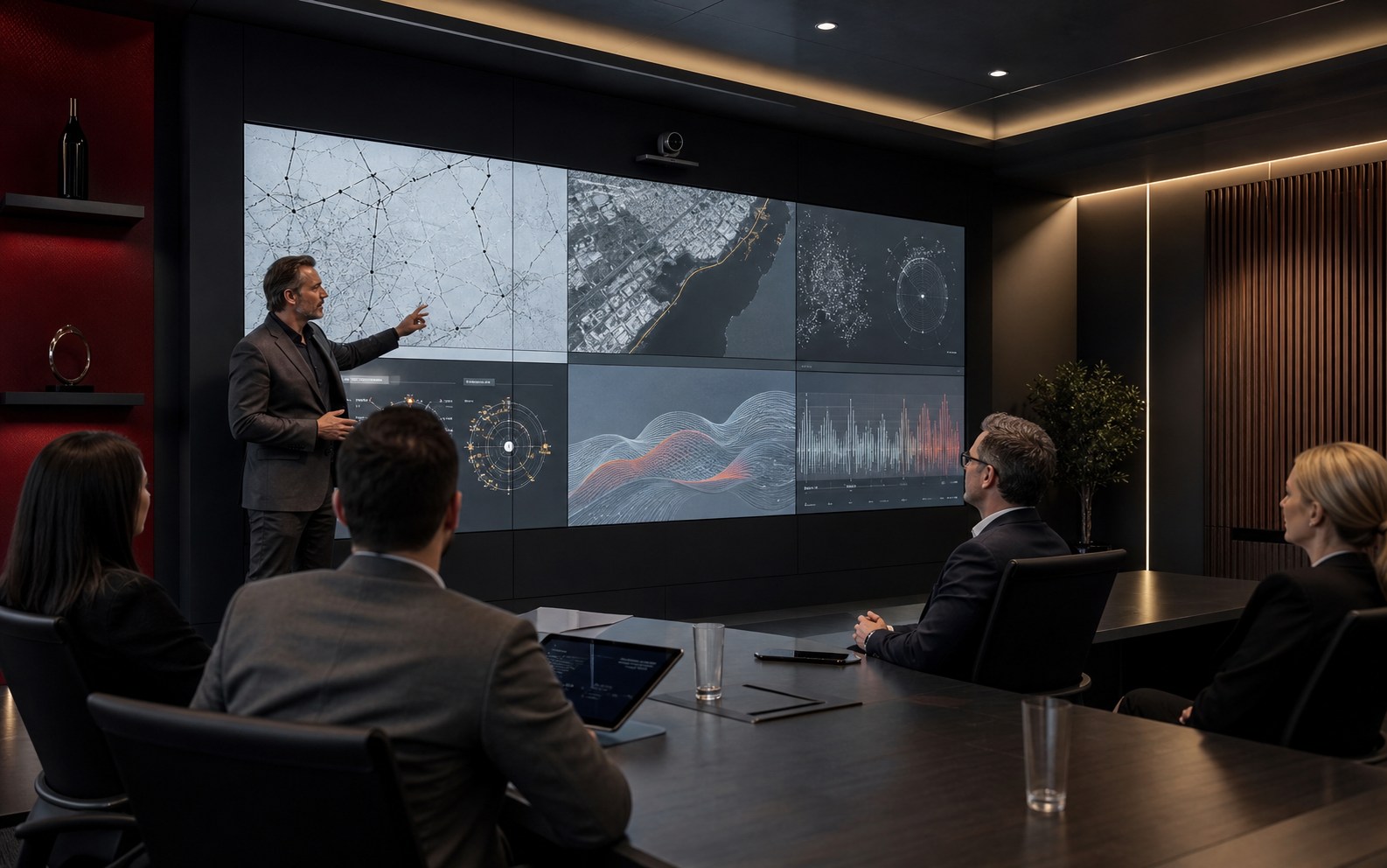 Immersive meeting space built around interactive displays and video collaboration